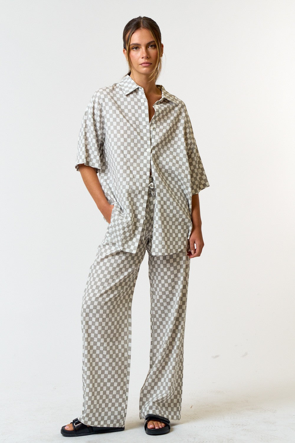 COLLARED BUTTON UP TOP WITH LONG PANTS SET