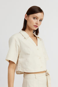 EMBROIDERED DETAIL CAMP SHIRT WITH TIE WAIST MIDI SKIRT