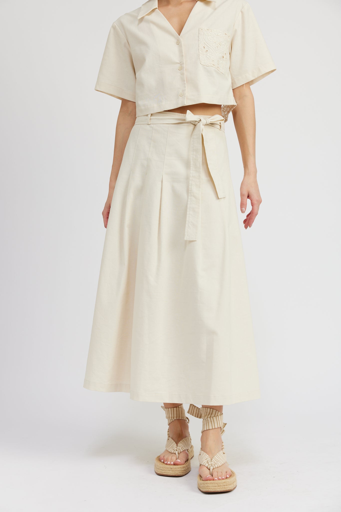 EMBROIDERED DETAIL CAMP SHIRT WITH TIE WAIST MIDI SKIRT