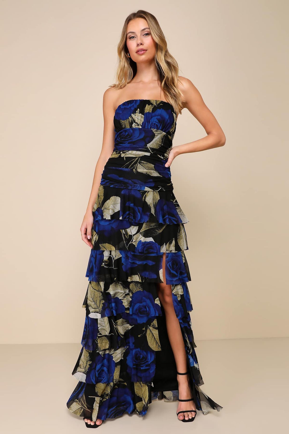 RUCHED TIERED STRAPLESS MAXI DRESS