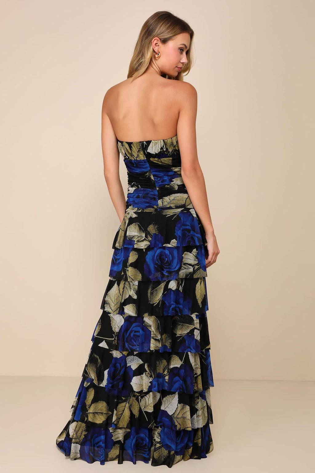 RUCHED TIERED STRAPLESS MAXI DRESS