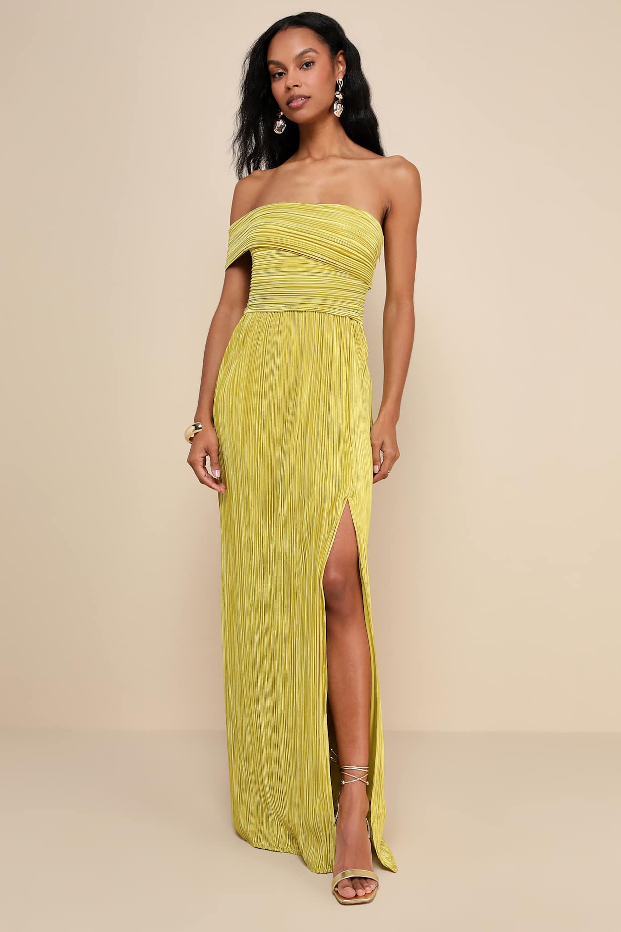 PLISSE ONE-SHOULDER MAXI DRESS