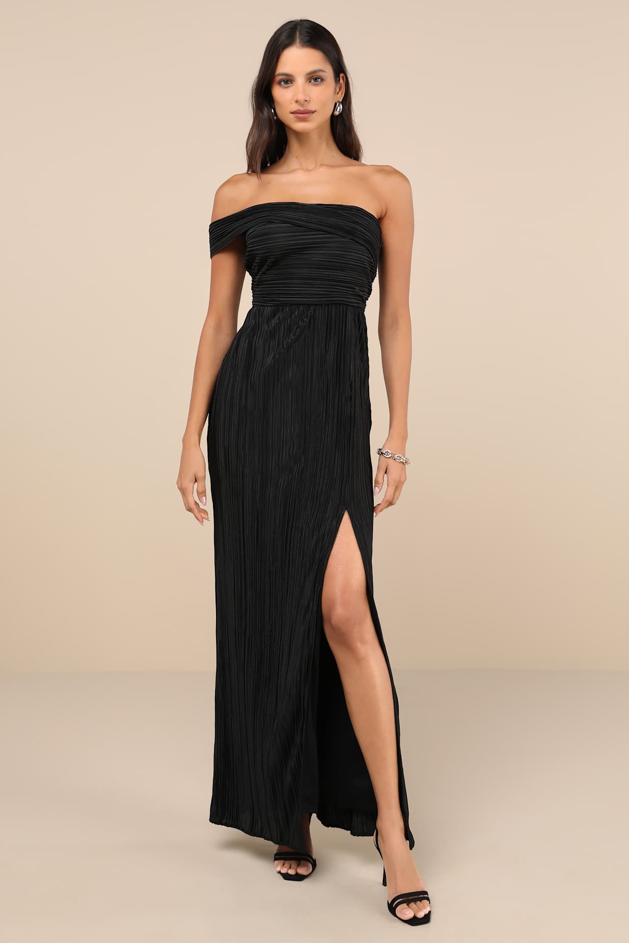 PLISSE ONE-SHOULDER MAXI DRESS