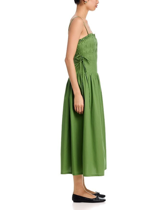 SPAGHETTI SIDE TIE STRAP DETAIL PLEATED MIDI DRESS
