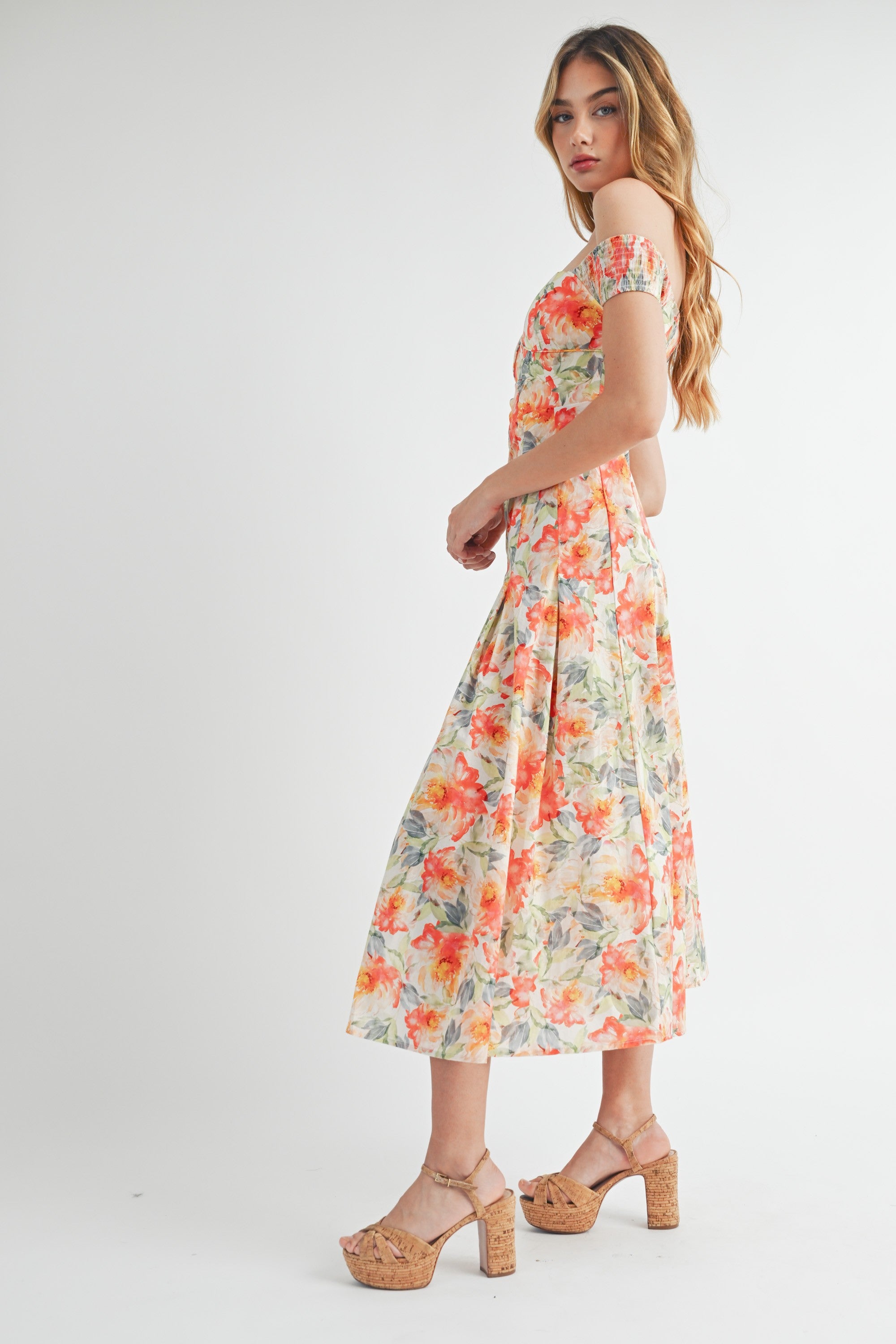 FLORAL PRINT PLEATED MIDI DRESS