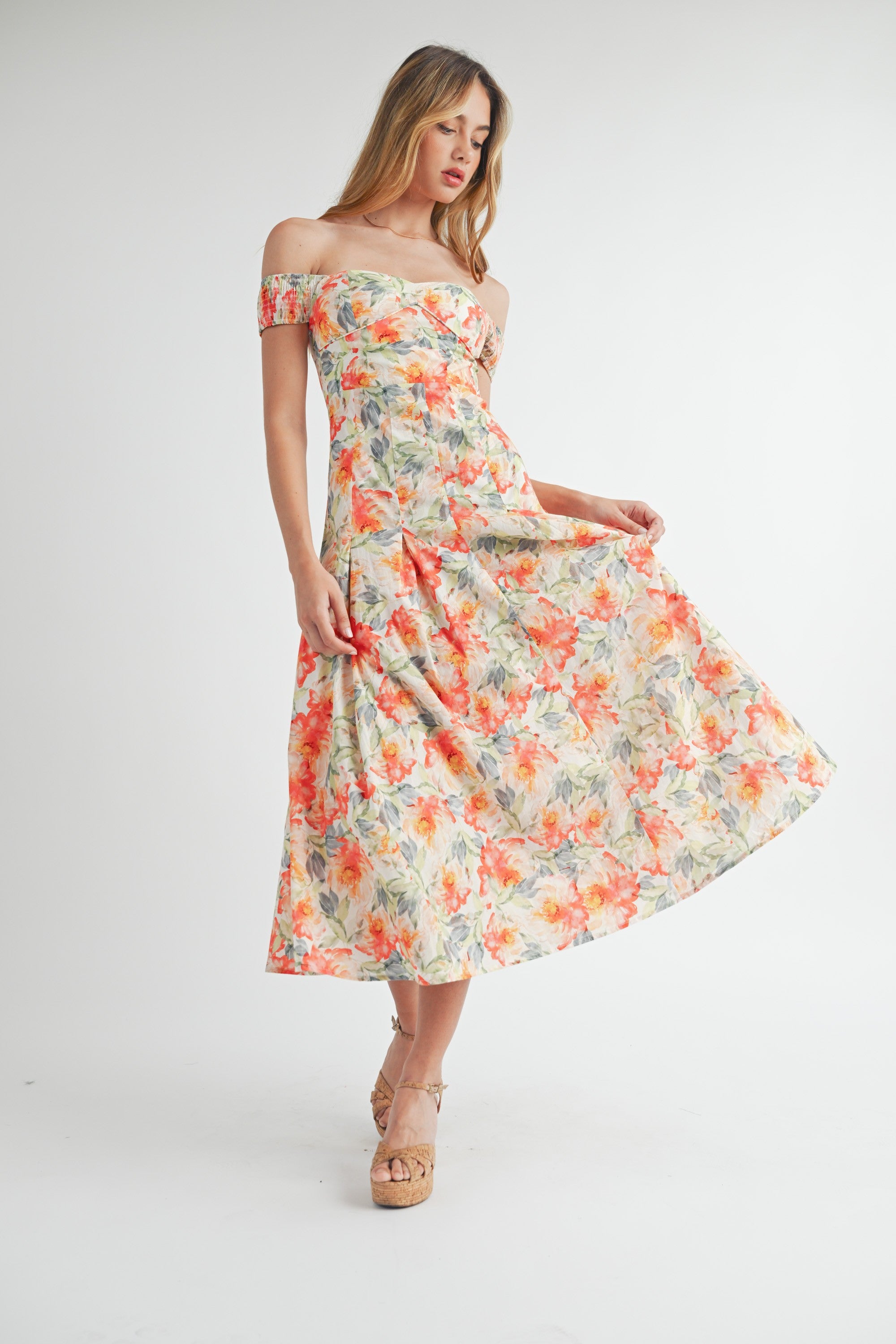 FLORAL PRINT PLEATED MIDI DRESS