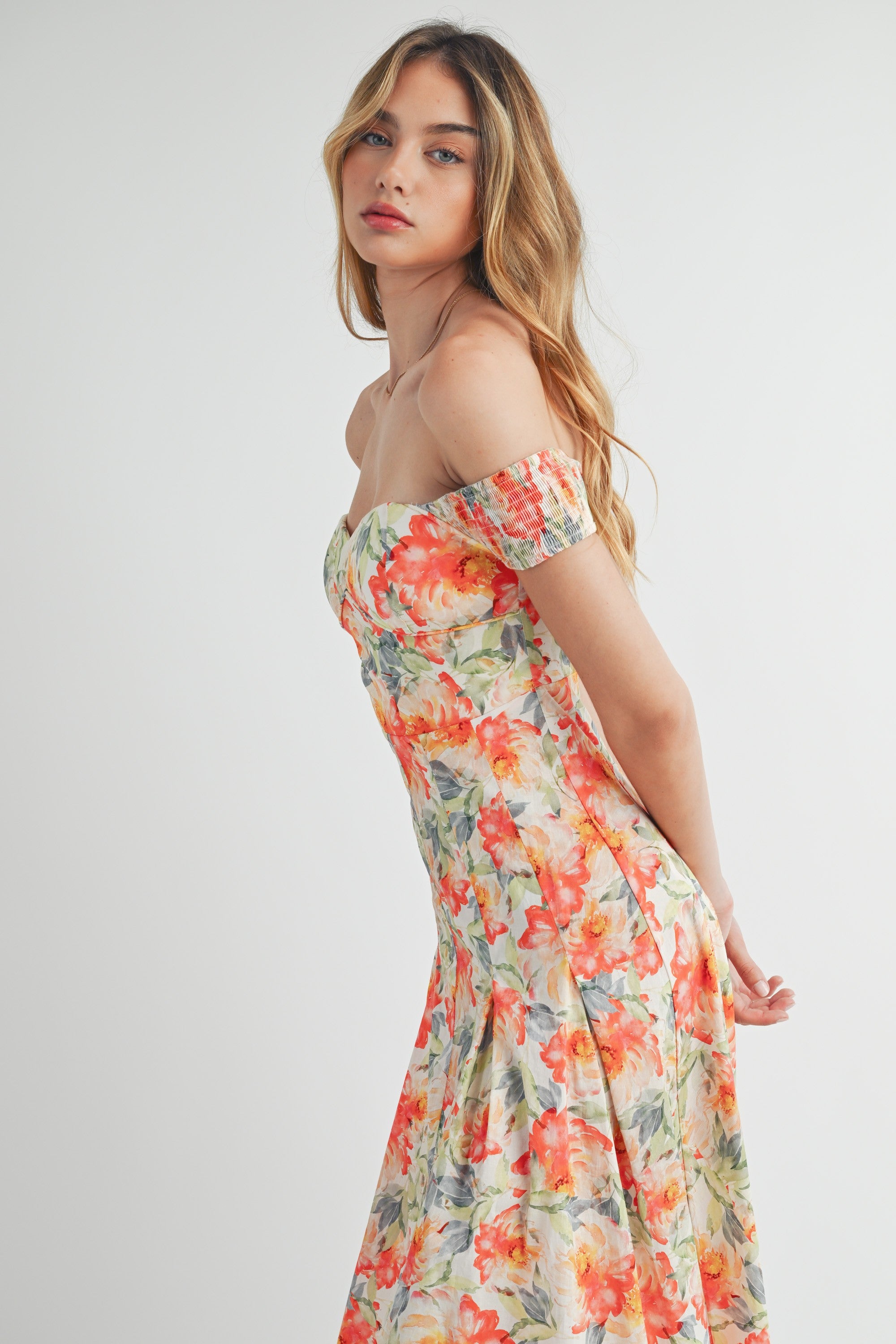 FLORAL PRINT PLEATED MIDI DRESS