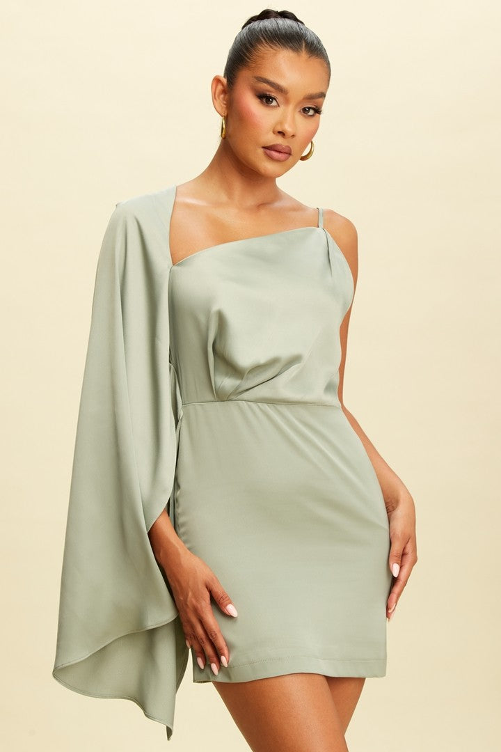 CAPE SHOULDER SATIN MINI DRESS