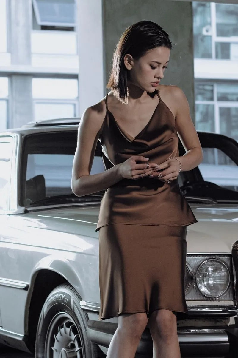 OPEN BACK TOP/SATIN SKIRT SET