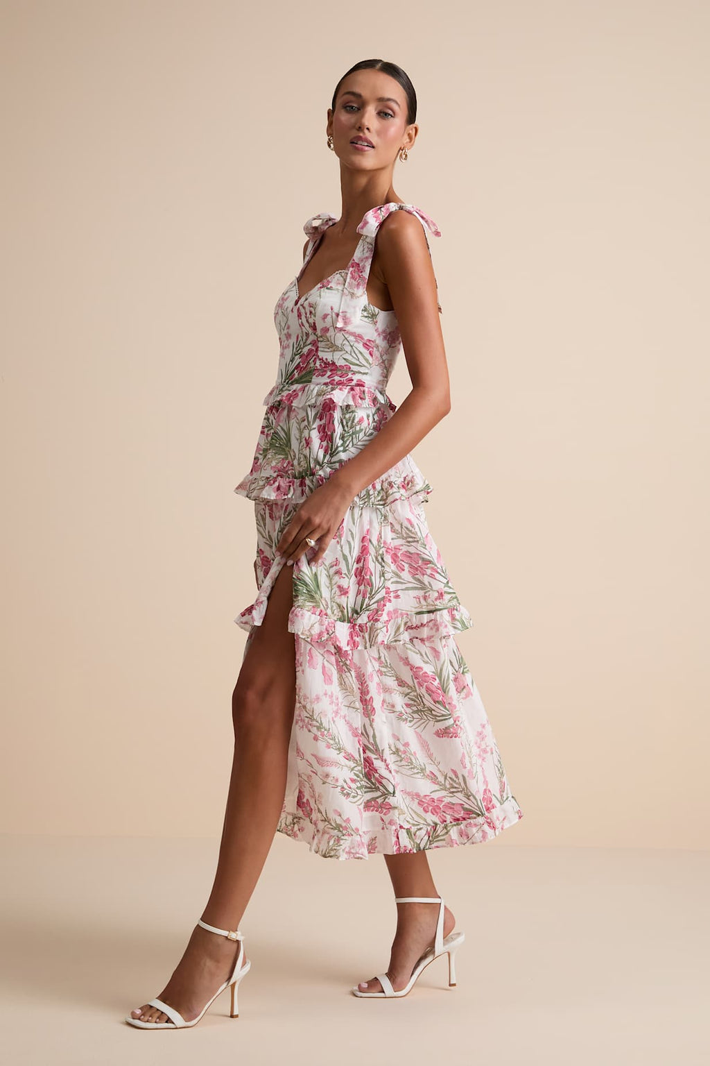 TIERED TIE-STRAP MIDI DRESS