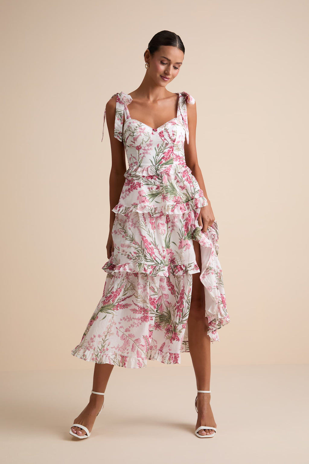 TIERED TIE-STRAP MIDI DRESS