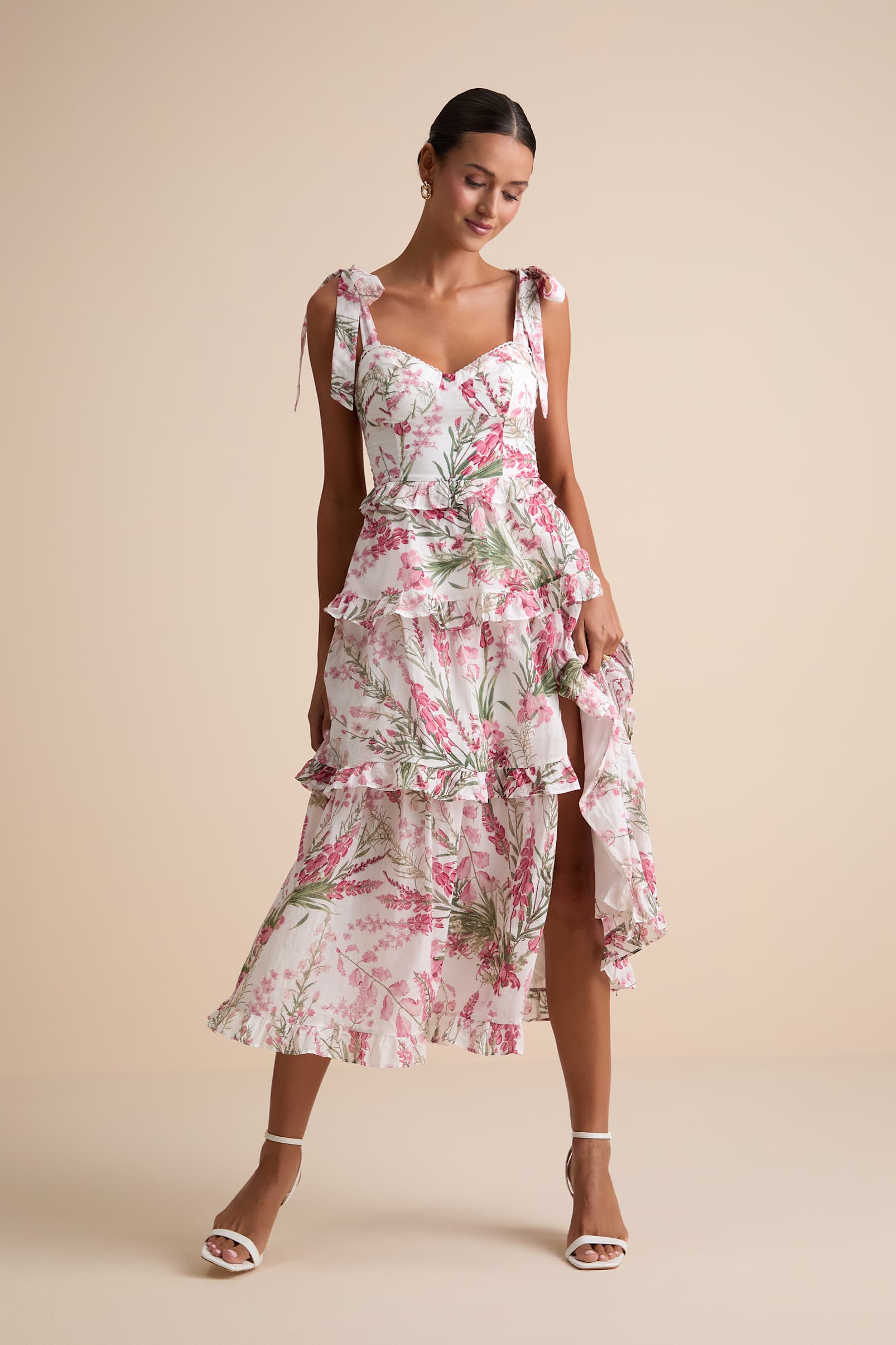 TIERED TIE-STRAP MIDI DRESS