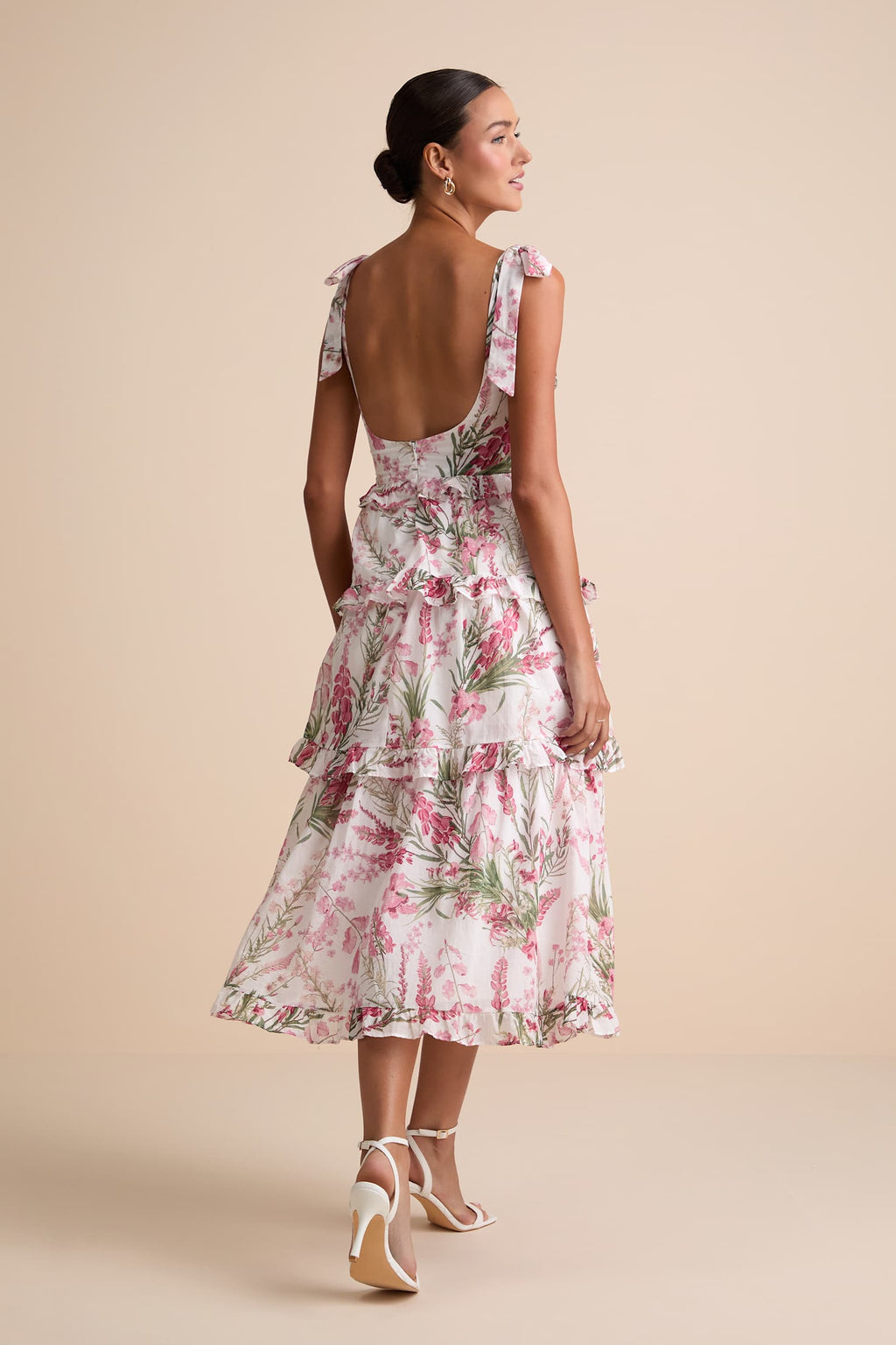 TIERED TIE-STRAP MIDI DRESS
