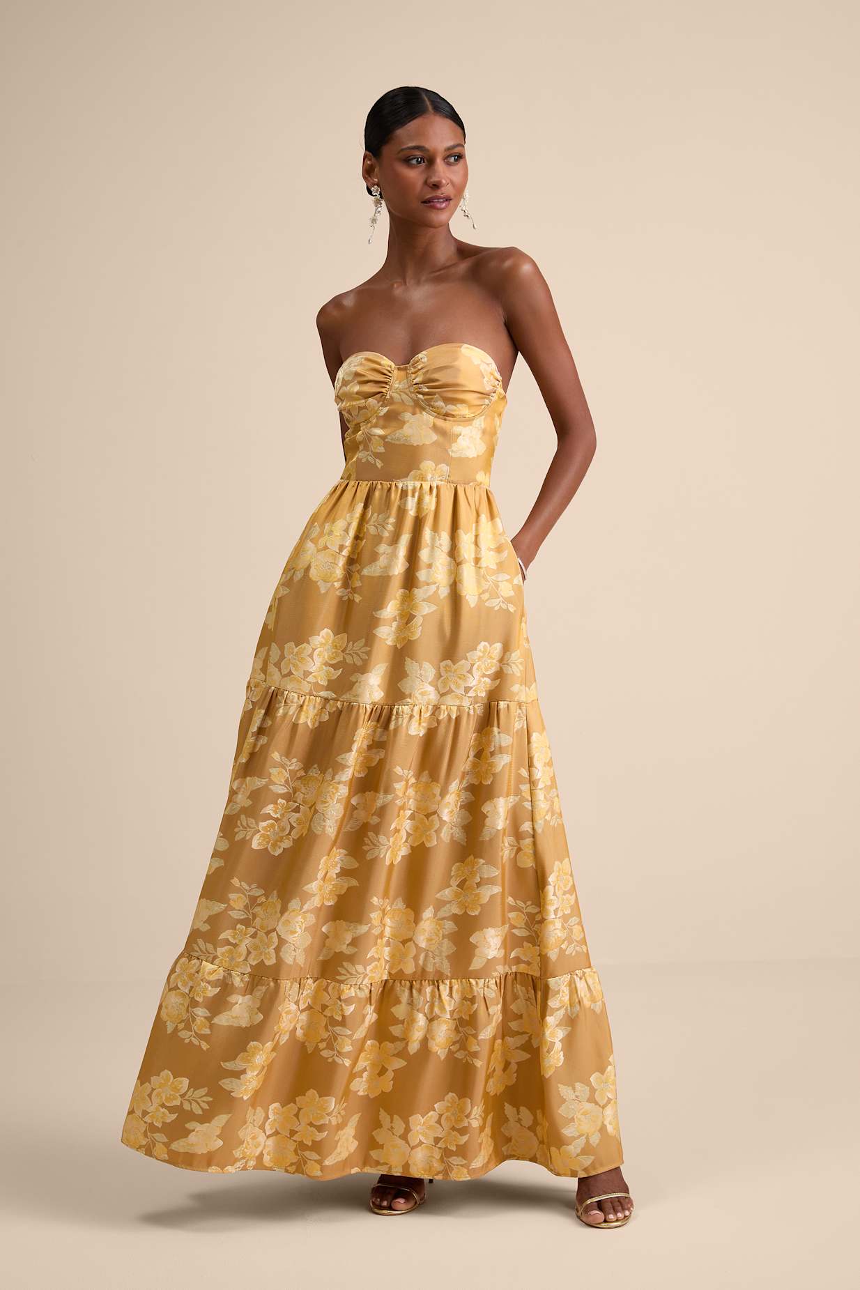 JACQUARD STRAPLESS MAXI DRESS