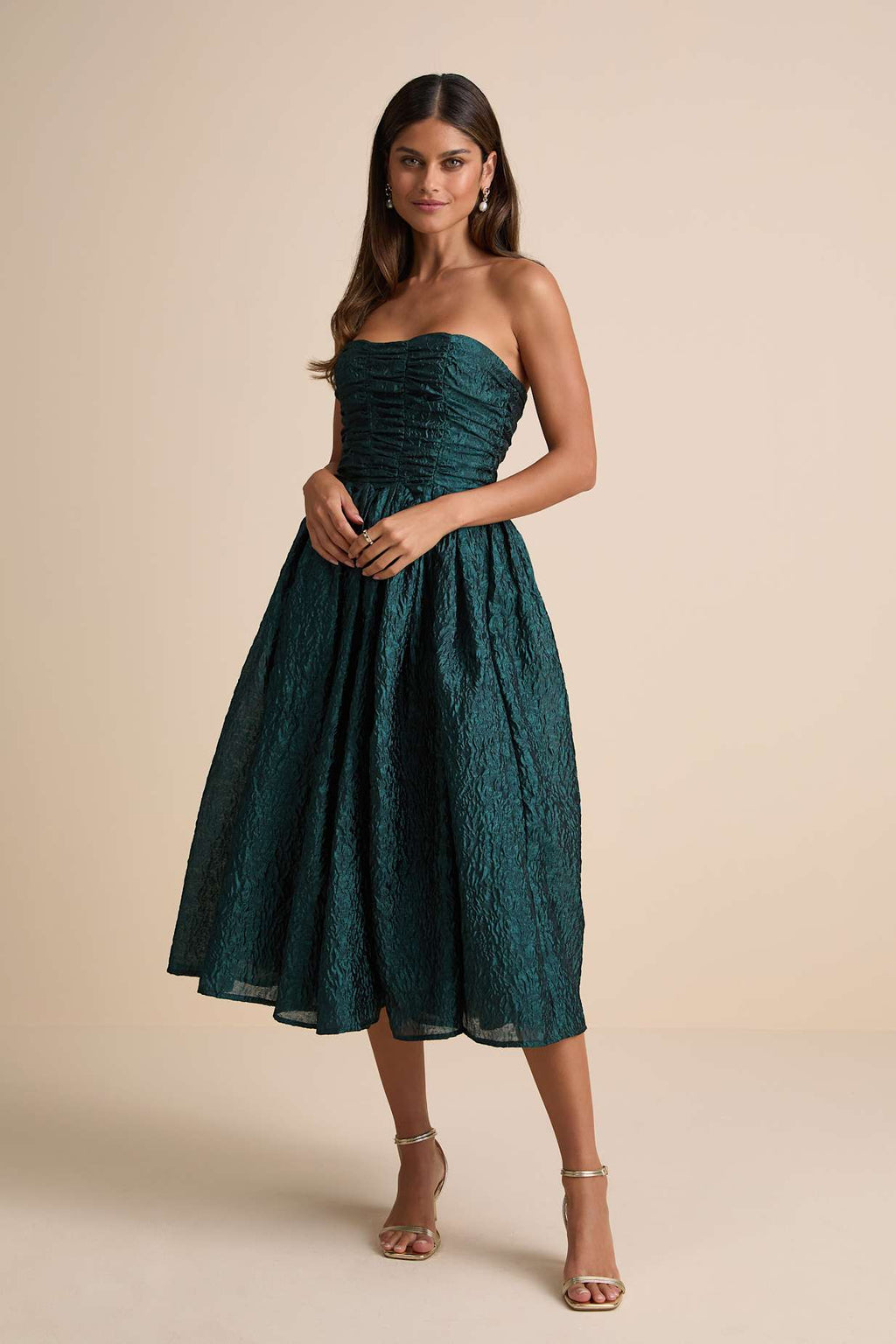 JACQUARD LACE-UP STRAPLESS MIDI DRESS