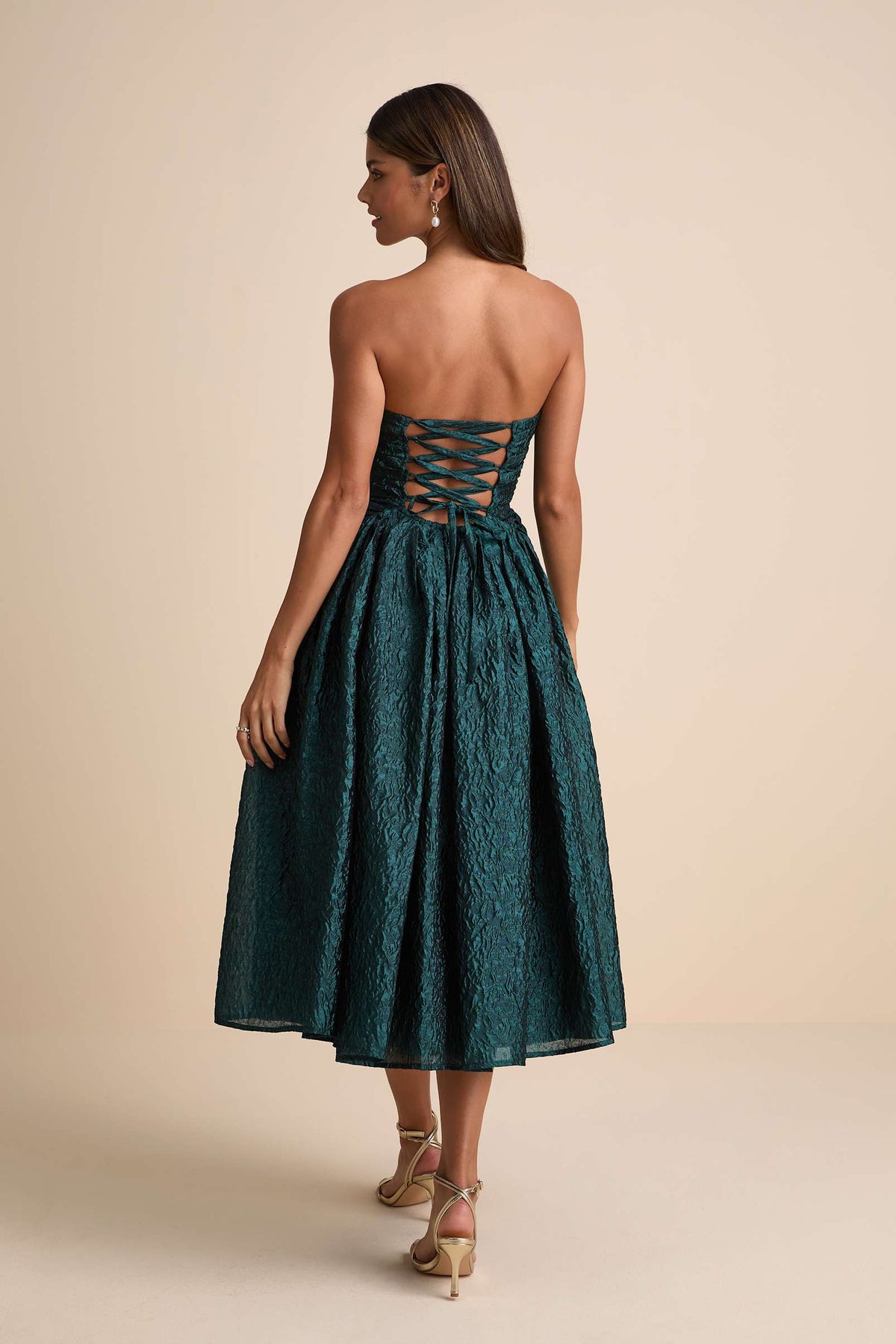 JACQUARD LACE-UP STRAPLESS MIDI DRESS