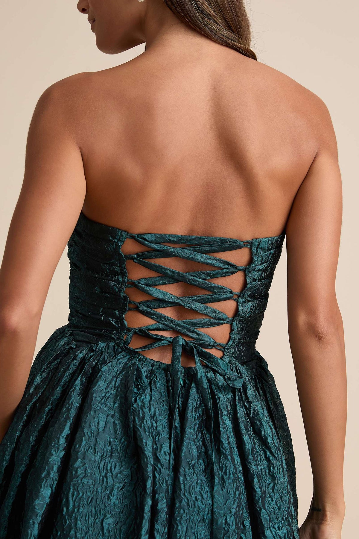 JACQUARD LACE-UP STRAPLESS MIDI DRESS