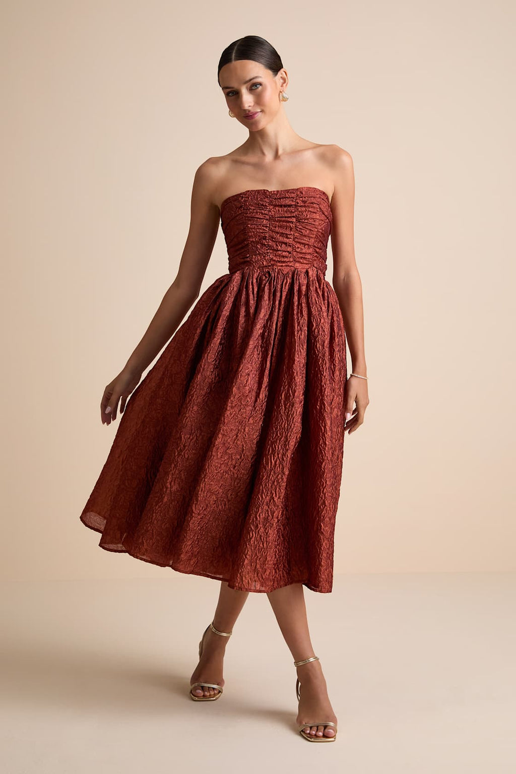 JACQUARD LACE-UP STRAPLESS MIDI DRESS