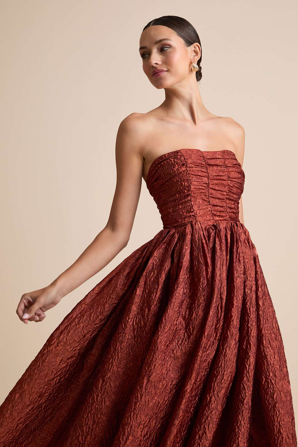 JACQUARD LACE-UP STRAPLESS MIDI DRESS