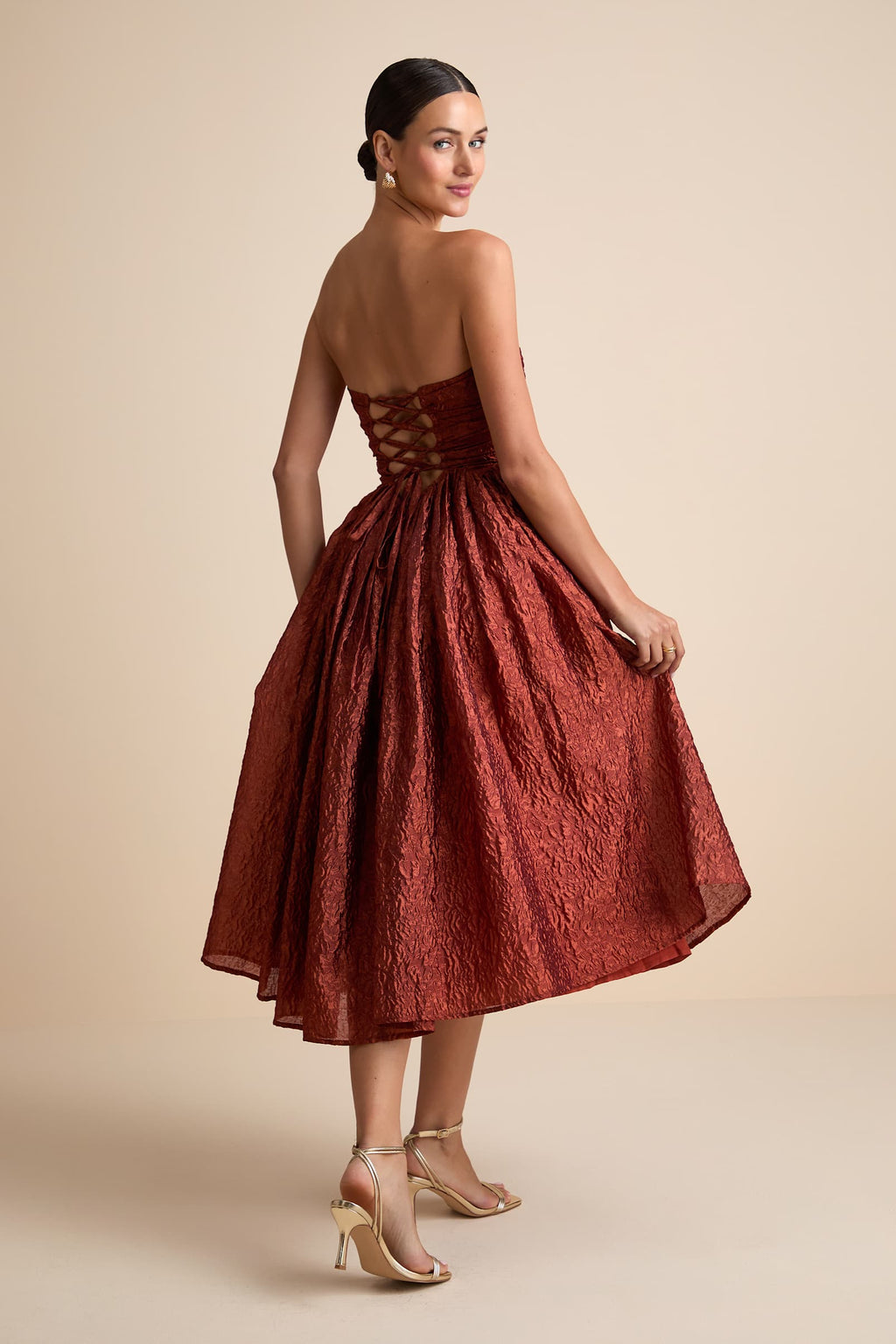 JACQUARD LACE-UP STRAPLESS MIDI DRESS