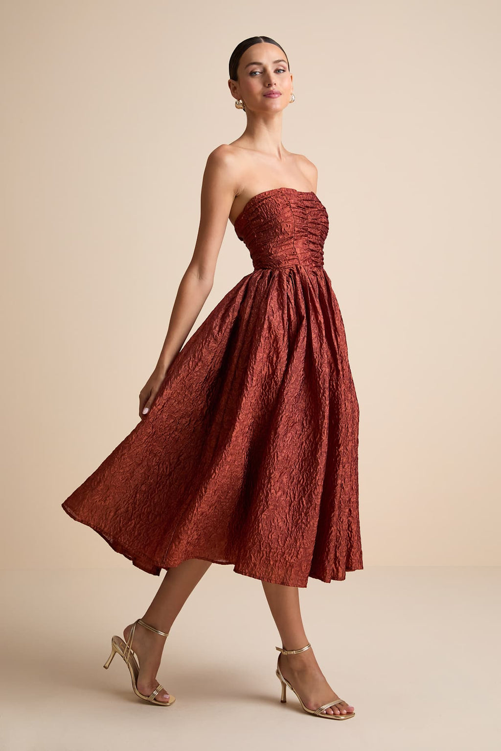 JACQUARD LACE-UP STRAPLESS MIDI DRESS