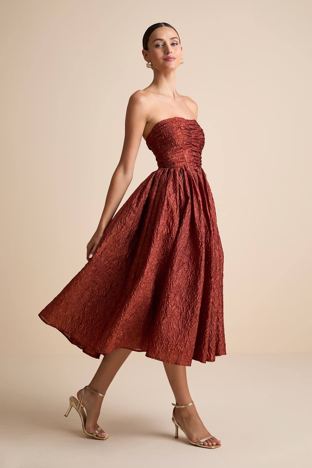 JACQUARD LACE-UP STRAPLESS MIDI DRESS