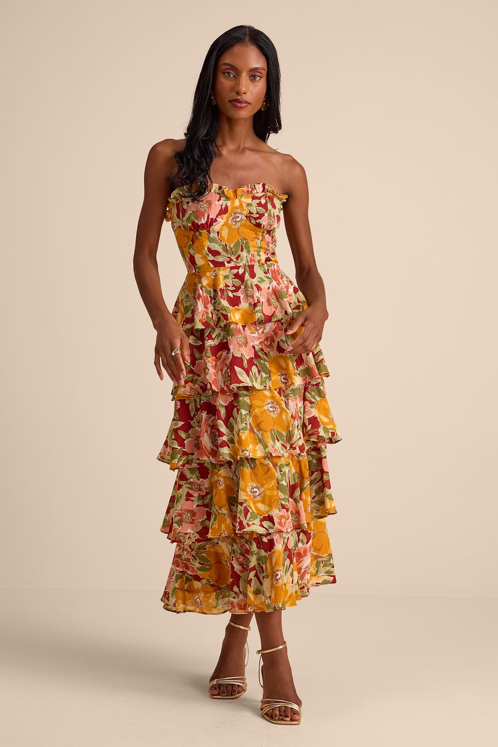STRAPLESS TIERED MIDI DRESS