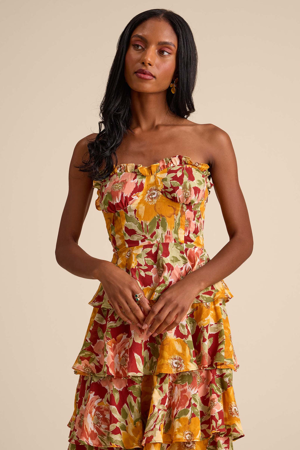 STRAPLESS TIERED MIDI DRESS