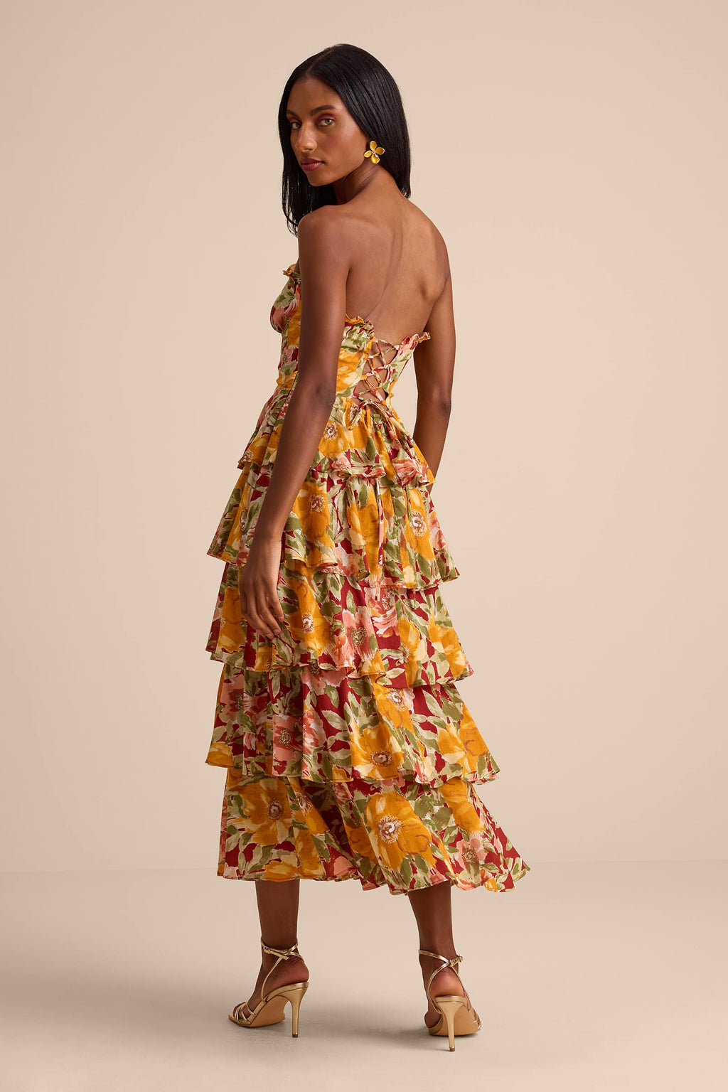 STRAPLESS TIERED MIDI DRESS