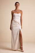 JACQUARD STRAPLESS TWIST-FRONT MAXI DRESS
