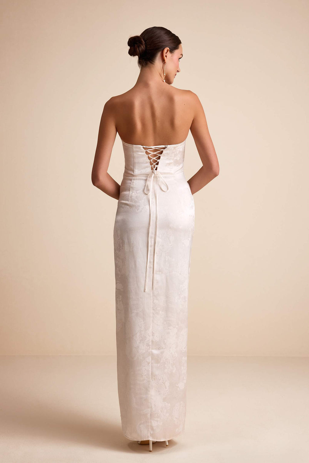 JACQUARD STRAPLESS TWIST-FRONT MAXI DRESS