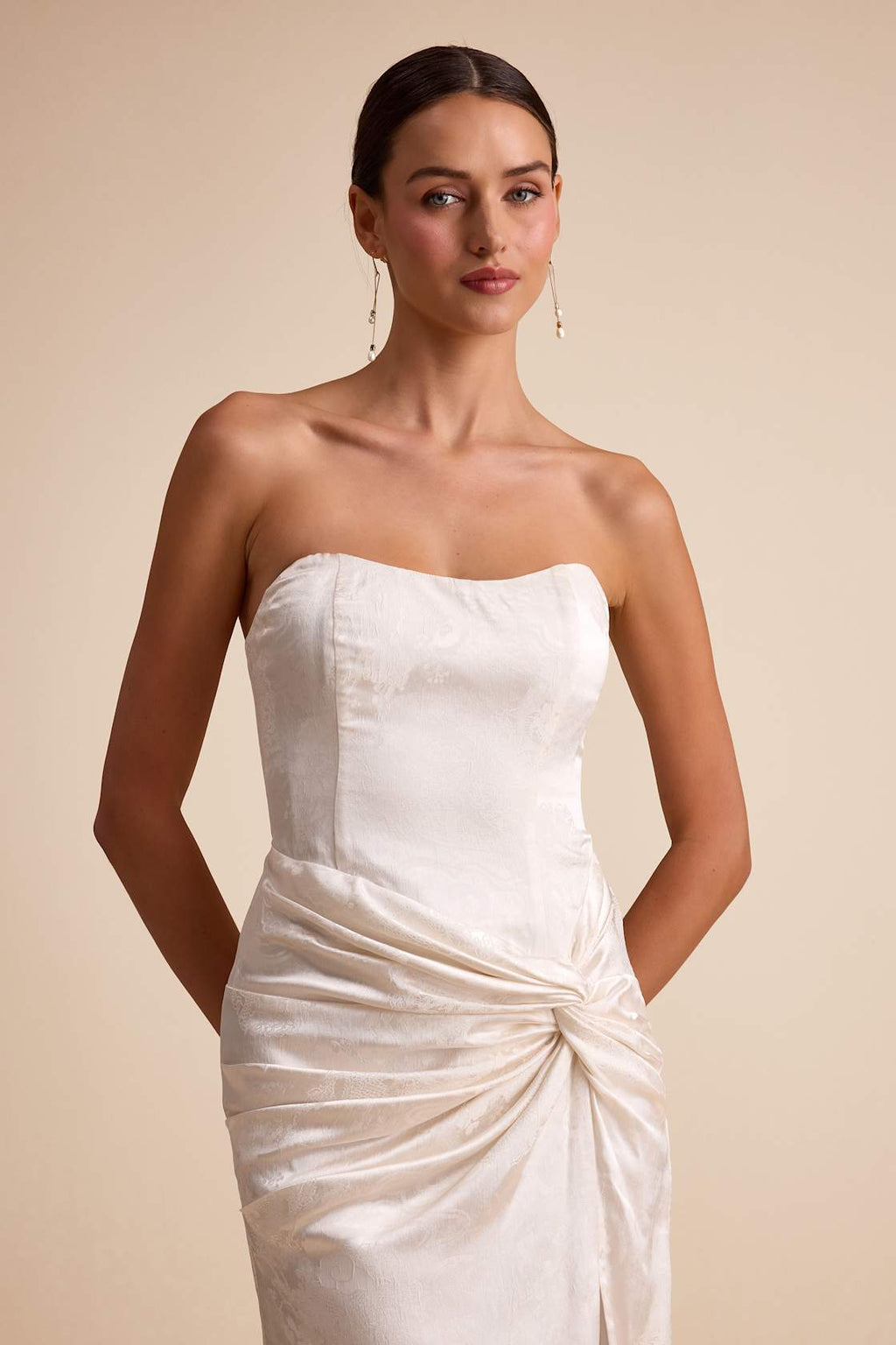 JACQUARD STRAPLESS TWIST-FRONT MAXI DRESS