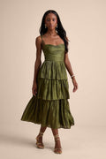 PLISSE TIERED MIDI DRESS