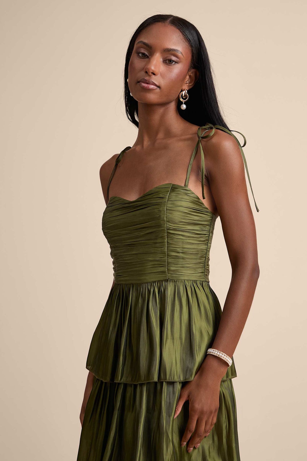 PLISSE TIERED MIDI DRESS
