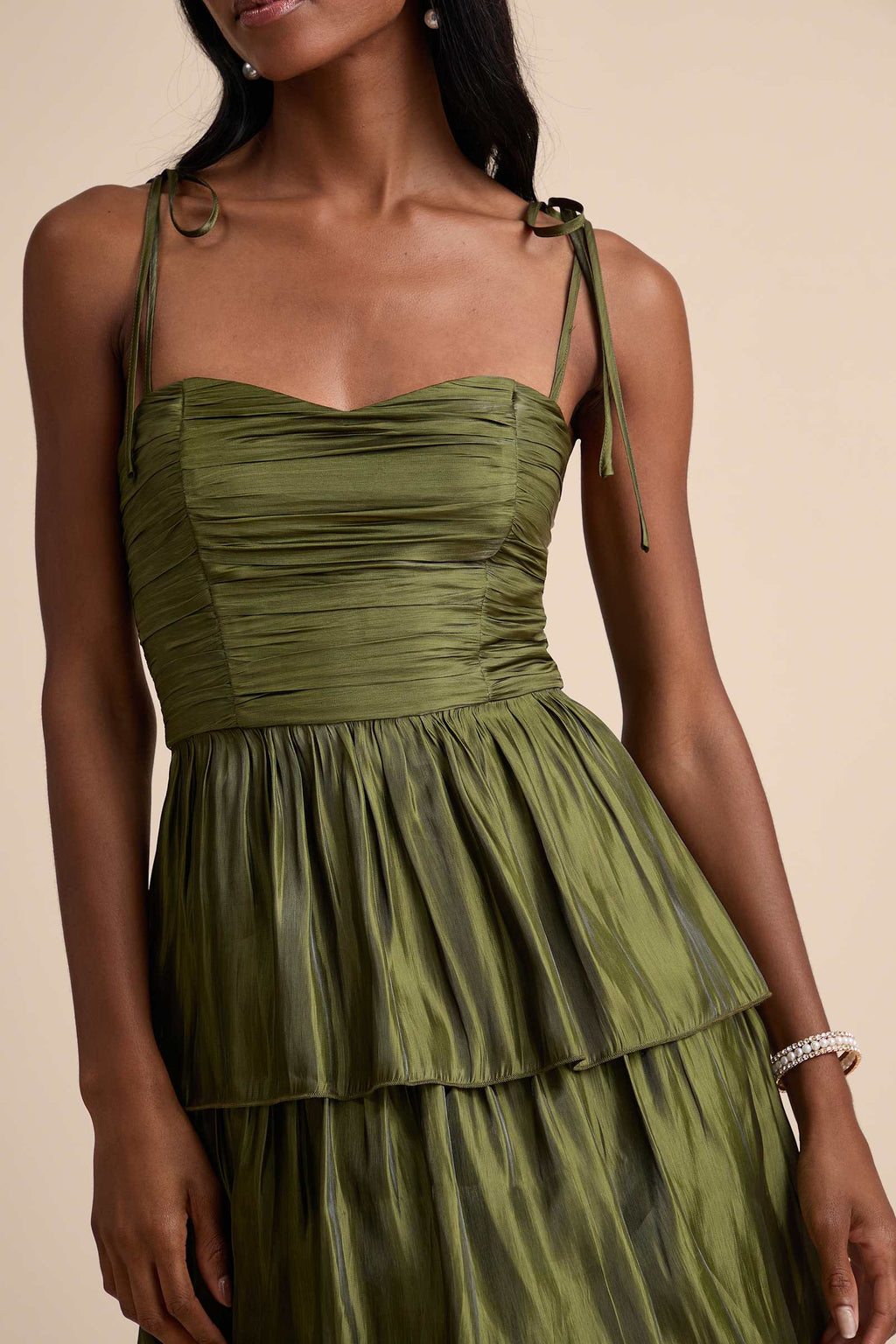 PLISSE TIERED MIDI DRESS