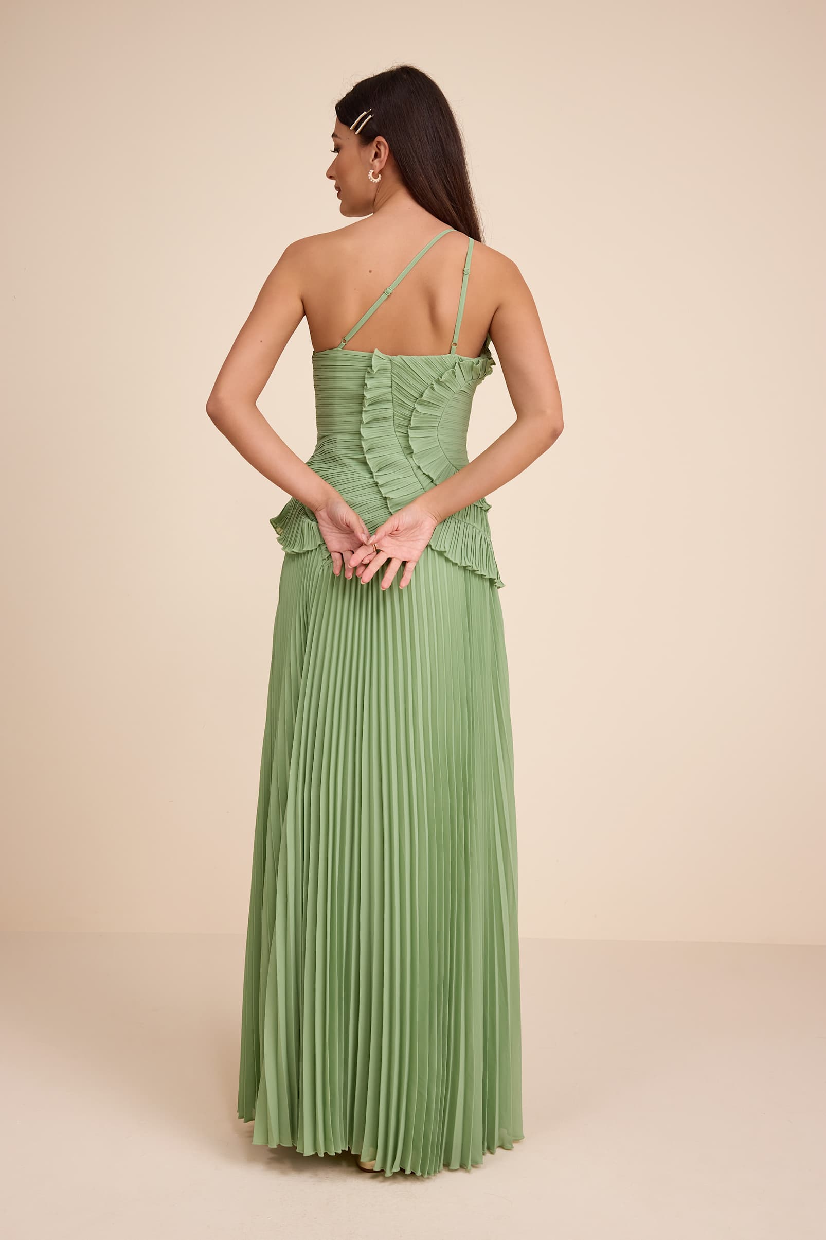 PLEATED ASYMMETRICAL MAXI DRESS