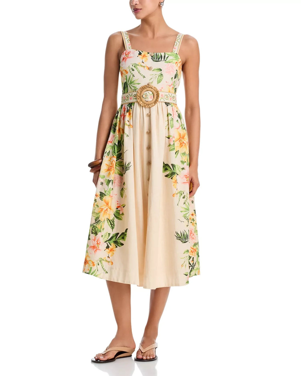 SLEEVELESS SQUARE NECK FLORAL PRINT BELT DETAIL MIDI DRESS