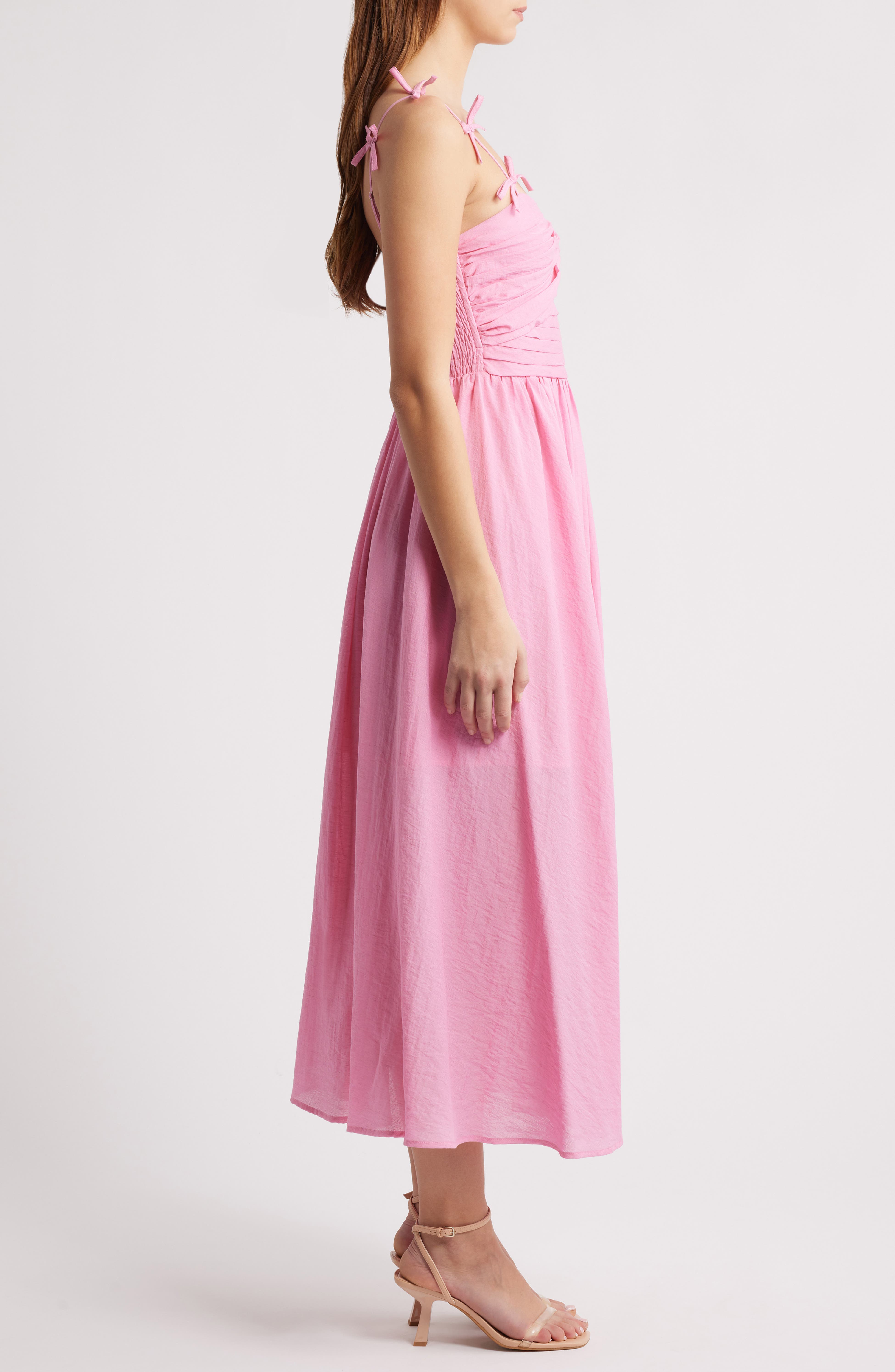 STRAP BOW DETAIL PLEATED MIDI DRESS