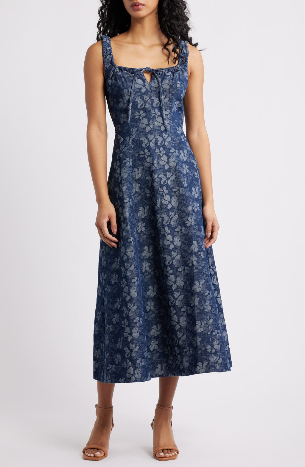 DENIM JACQUARD FLORAL DETAIL MIDI DRESS