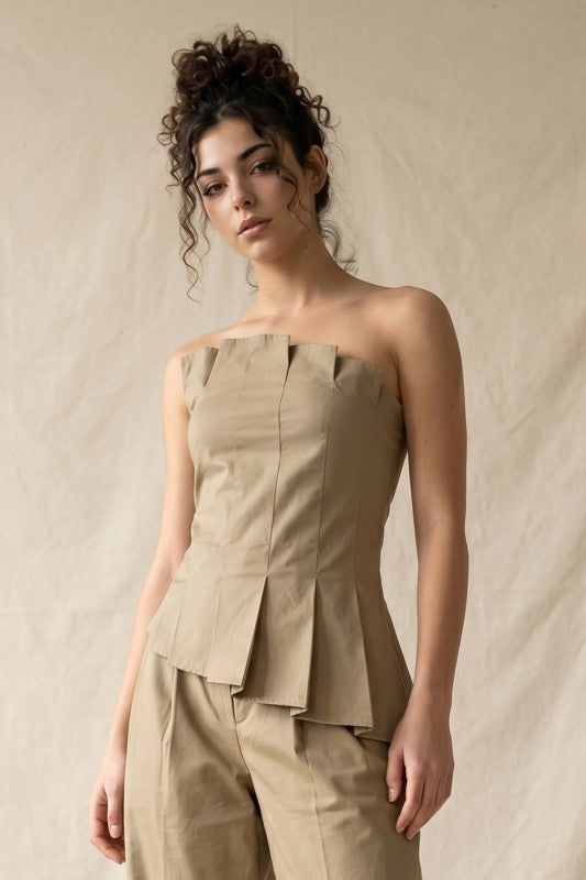 PLEATED ASYMMETRIC TOP/PAPERBAG CROP PANTS