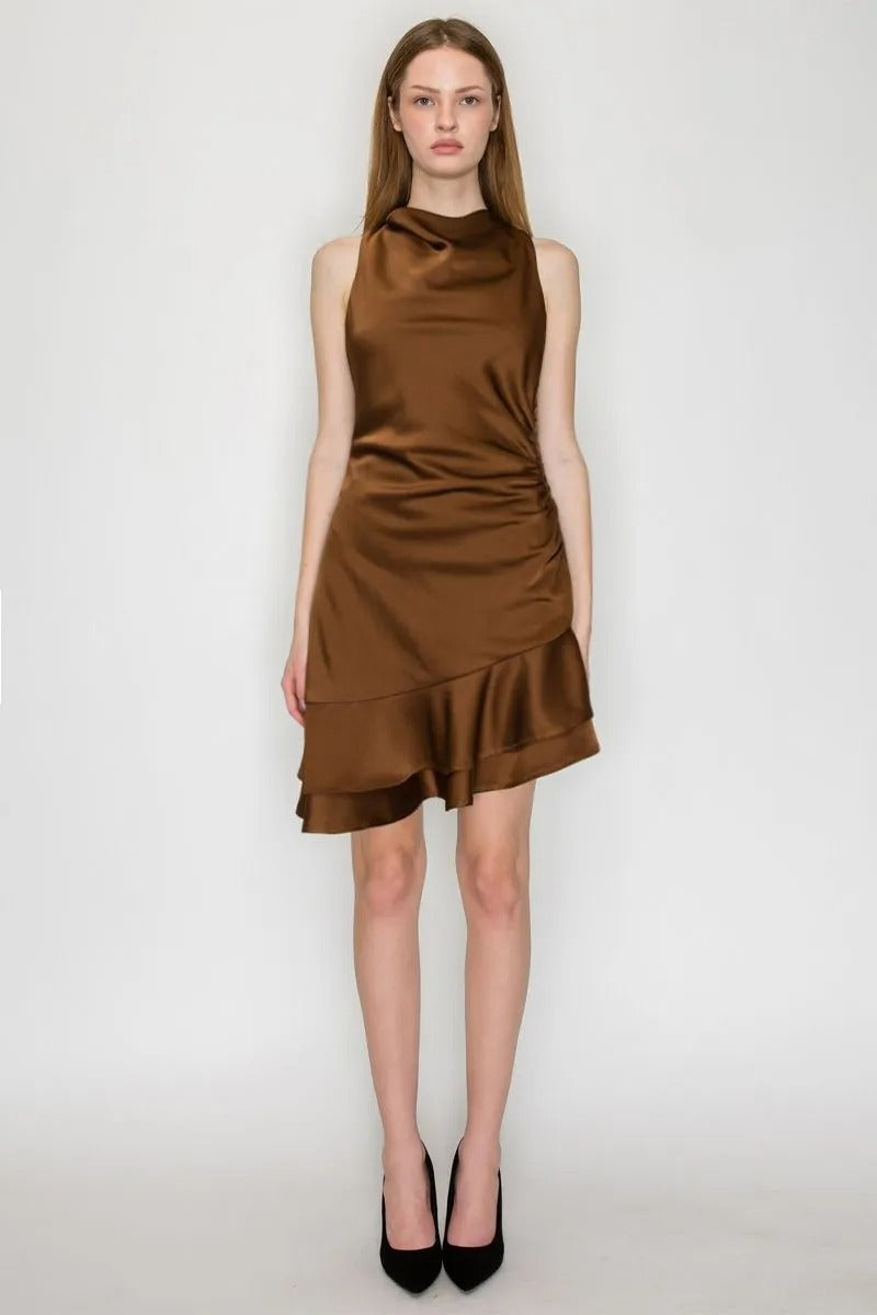 HALTER ASYMMETRIC MINI SATIN DRESS