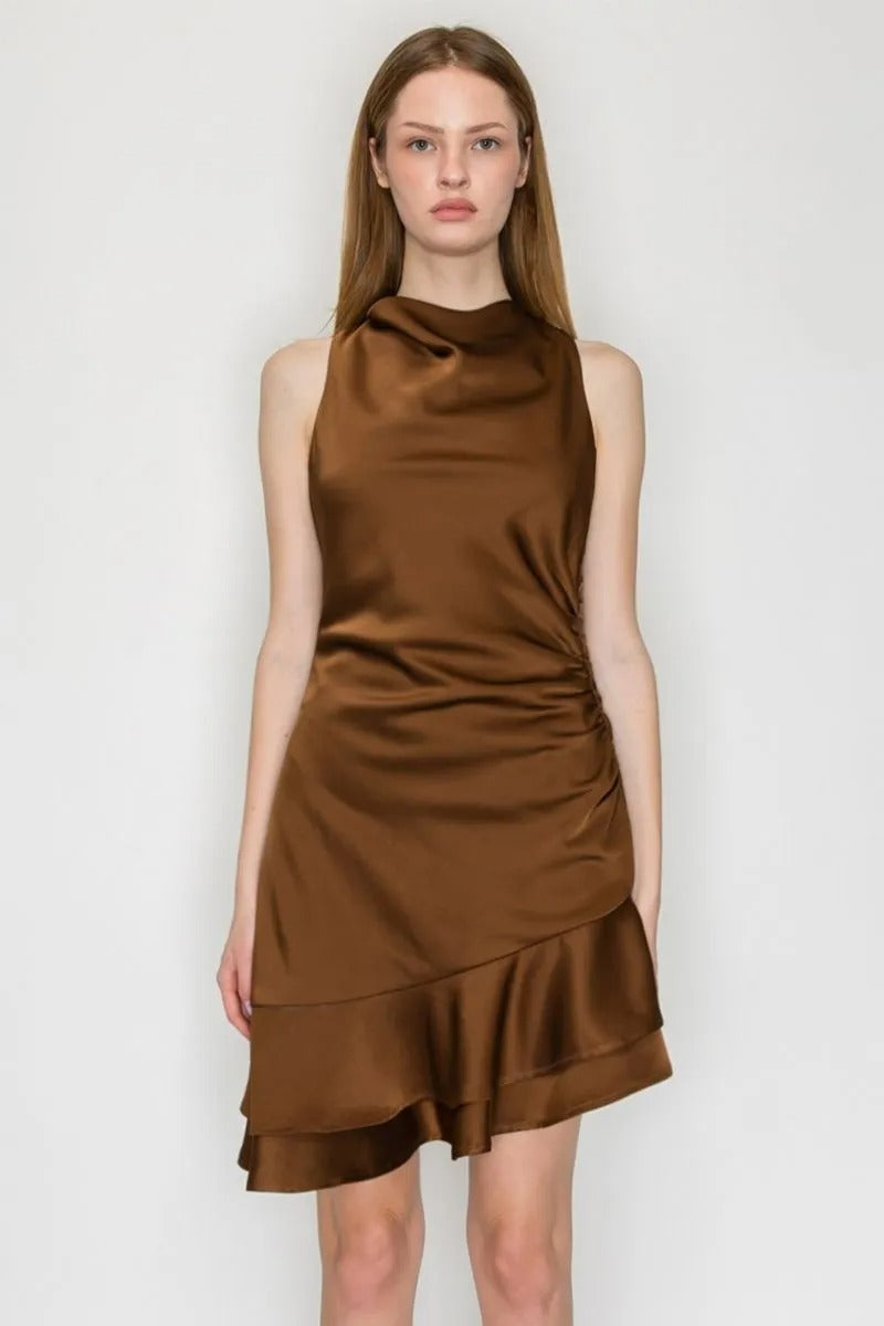 HALTER ASYMMETRIC MINI SATIN DRESS
