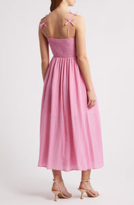 STRAP BOW DETAIL PLEATED MIDI DRESS