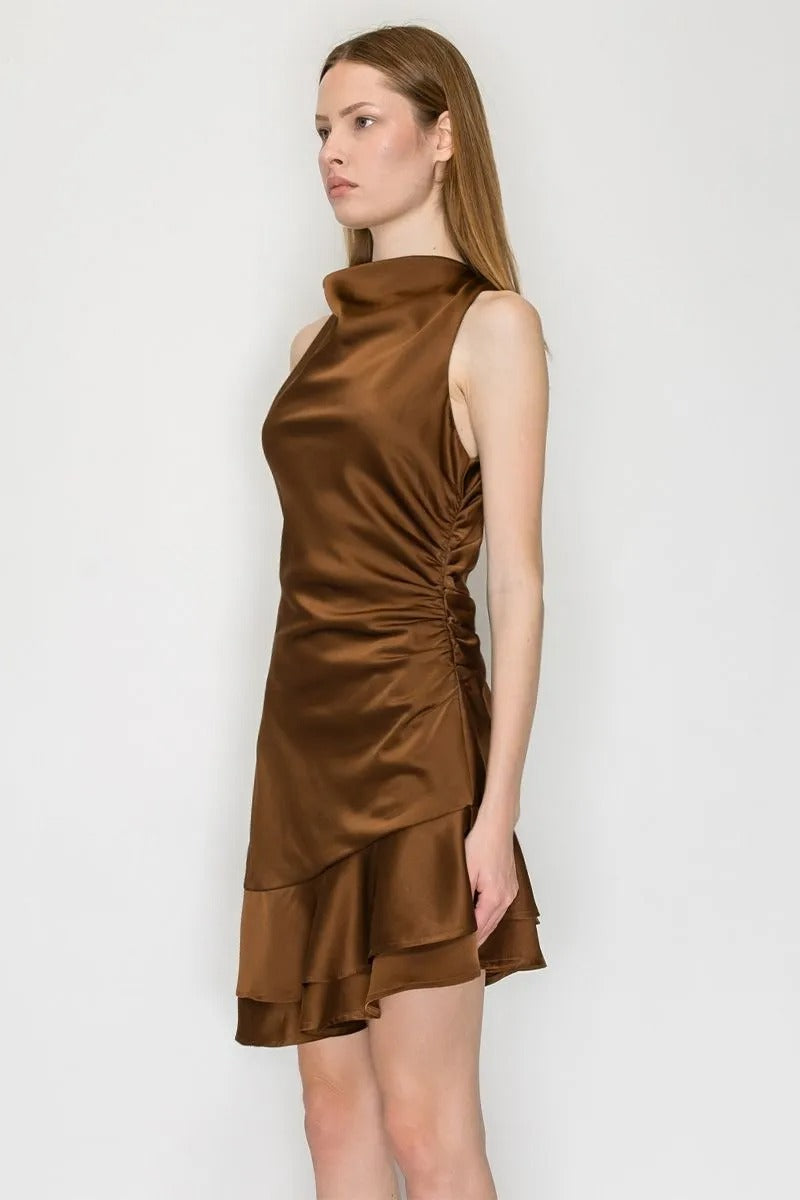 HALTER ASYMMETRIC MINI SATIN DRESS