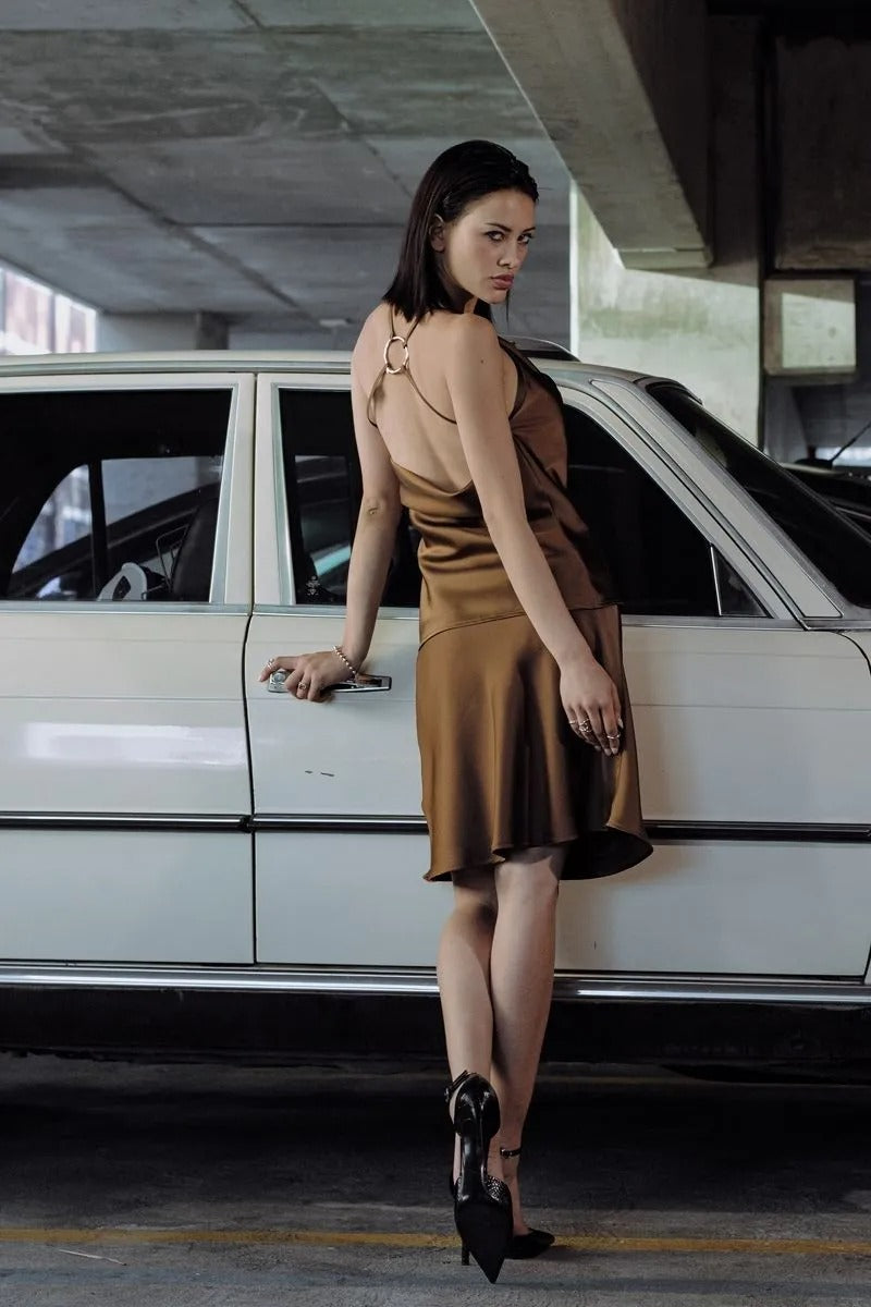 OPEN BACK TOP/SATIN SKIRT SET