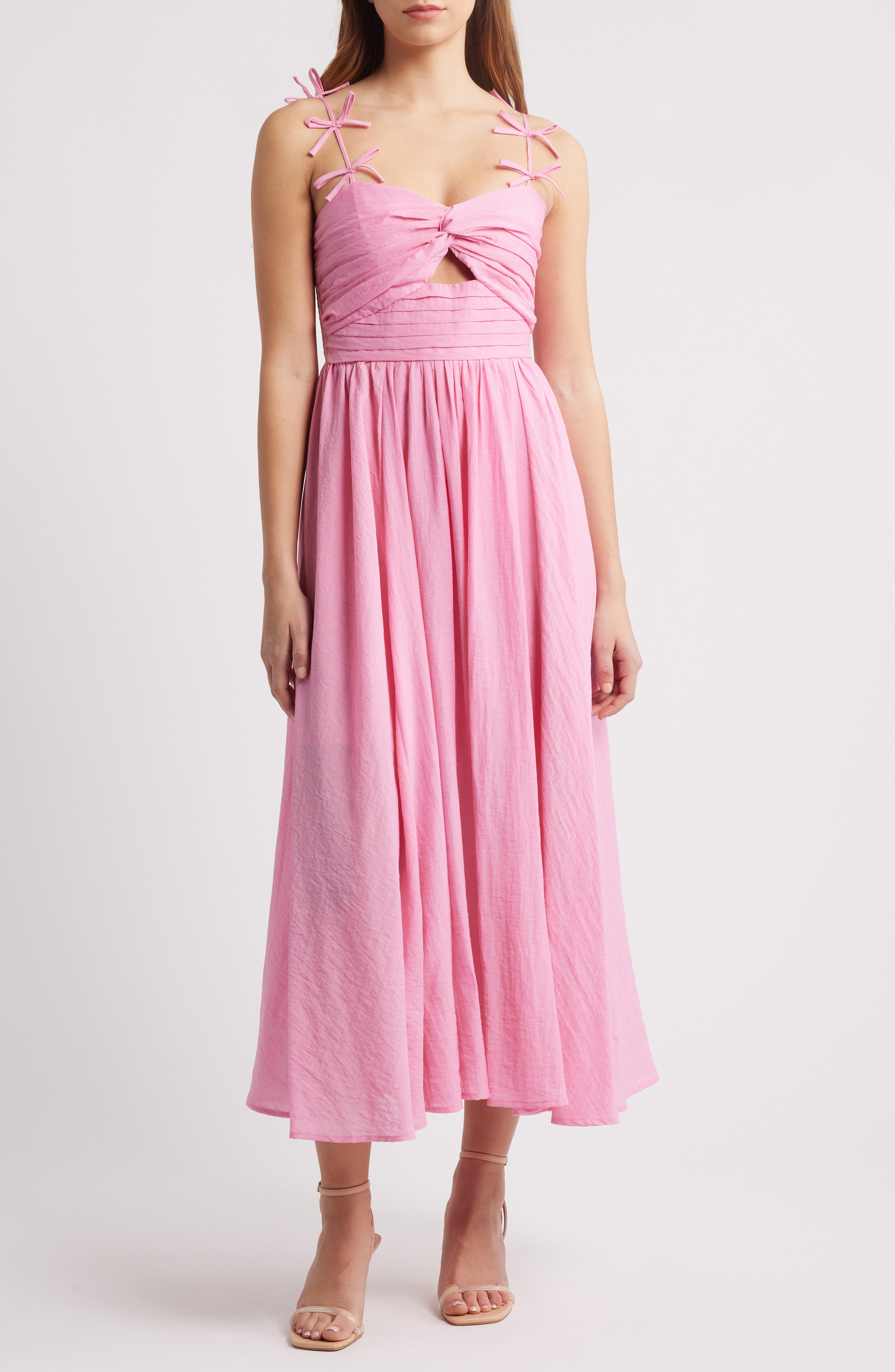STRAP BOW DETAIL PLEATED MIDI DRESS