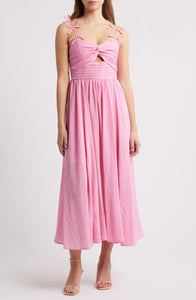STRAP BOW DETAIL PLEATED MIDI DRESS