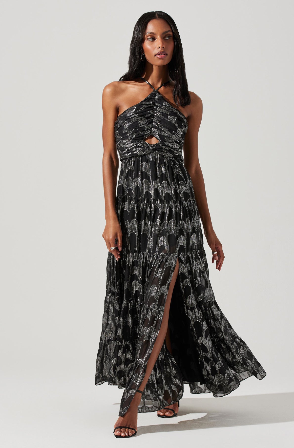 METALLIC HALTER MAXI DRESS