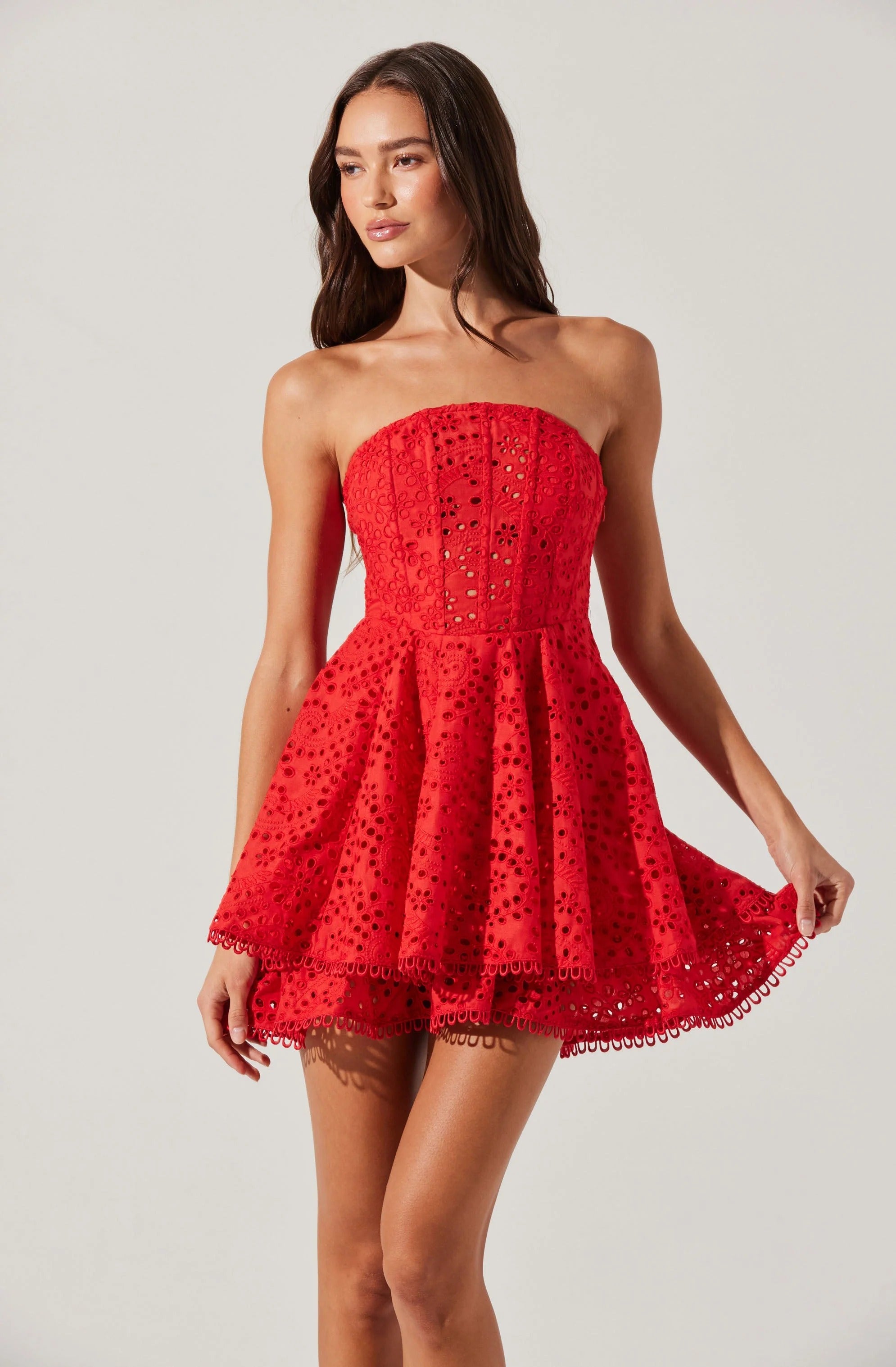 STRAPLESS EYELET MINI DRESS