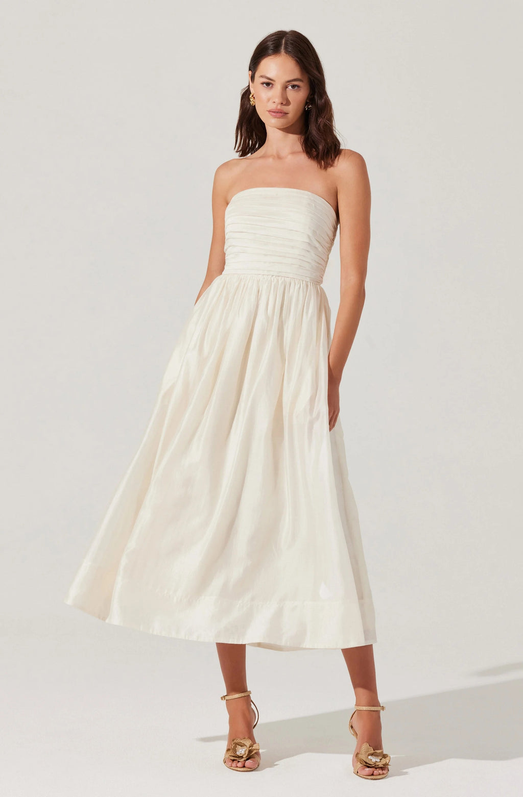 STRAPLESS PLEATED MIDI DRESS